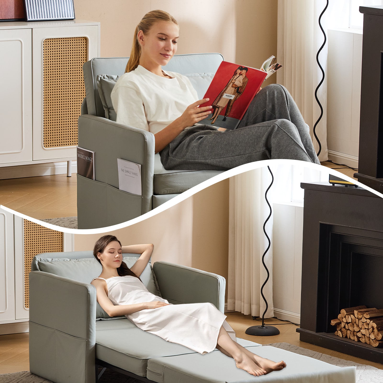 Sleeper Chair Bed, 3-in-1 Convertible Sofa Bed Pull-out Sofa Bed, Convenient Folding Tray Table With USB And Type-C Charging Ports,Grey,Leather_voghion.com